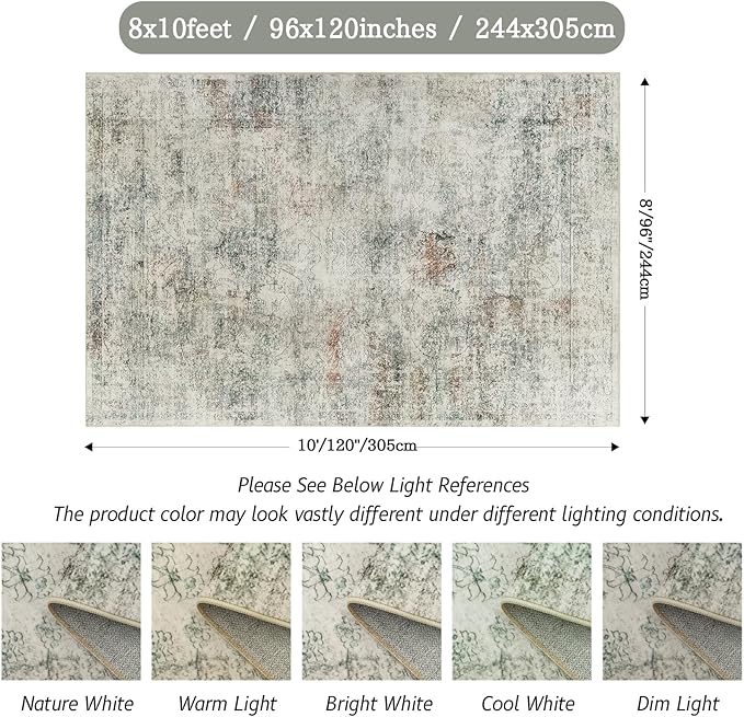 Madane 8x10 Area Rugs for Living Room, Machine Washable Vintage Rug with Anti-Slip Backing, Soft Floral Print Large Rugs, Foldable Thin Area Rug for Bedroom Dining Room (8 x 10, Mutil)
