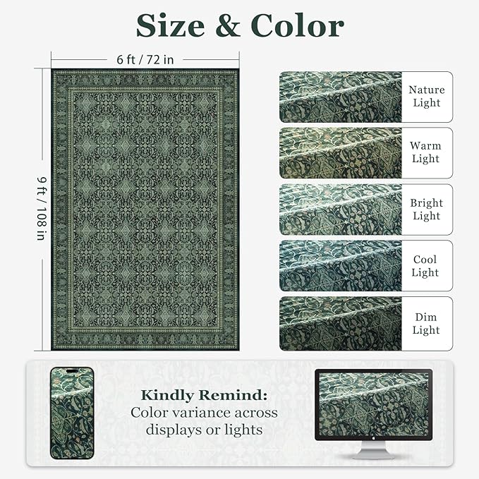 Dark Green 6x9 Area Rugs Washable, Vintage Boho Floral Moroccan Pattern Printed Carpet Rug for Living Room Bedroom, Low Pile Thin Room Rug with Rubber Backing Non Slip for Dining Room Office