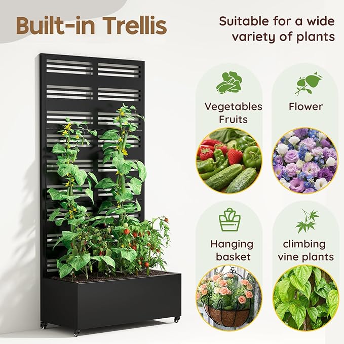Metal Planter with Trellis& Wheels 72" x 35"x 15.7" Raised Garden Bed with Trellis,Privacy Planters for Patio,Garden Bed for Climbing Plants,Suitable for Climbing Plants and Vegetables,Black