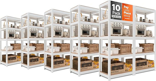 HOMEDANT House 5 Tier Laminated Metal Shelving Unit Adjustable Storage Utility Rack Heavy Duty Shelves Organization Multipurpose Shelf Kitchen Garage Pantry Closet (10, (S) 24.4" W, White)