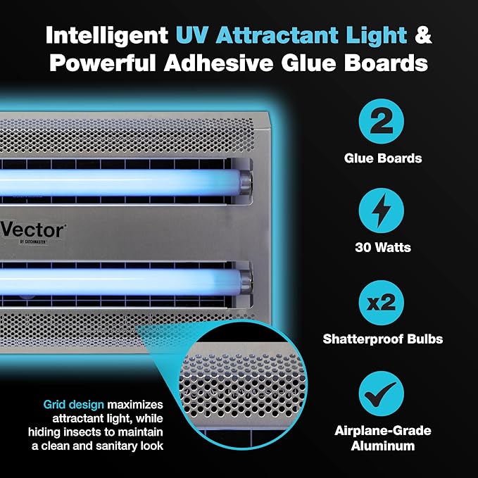 Catchmaster Vector 30, UV Light Fly Traps Indoor for Home, Electric Gnat Traps for House Indoor, Shatterproof Bulbs UV Lamp Fly, Insect & Mosquito Killer, Silent Bug Light for Kitchen, Shed, Garage