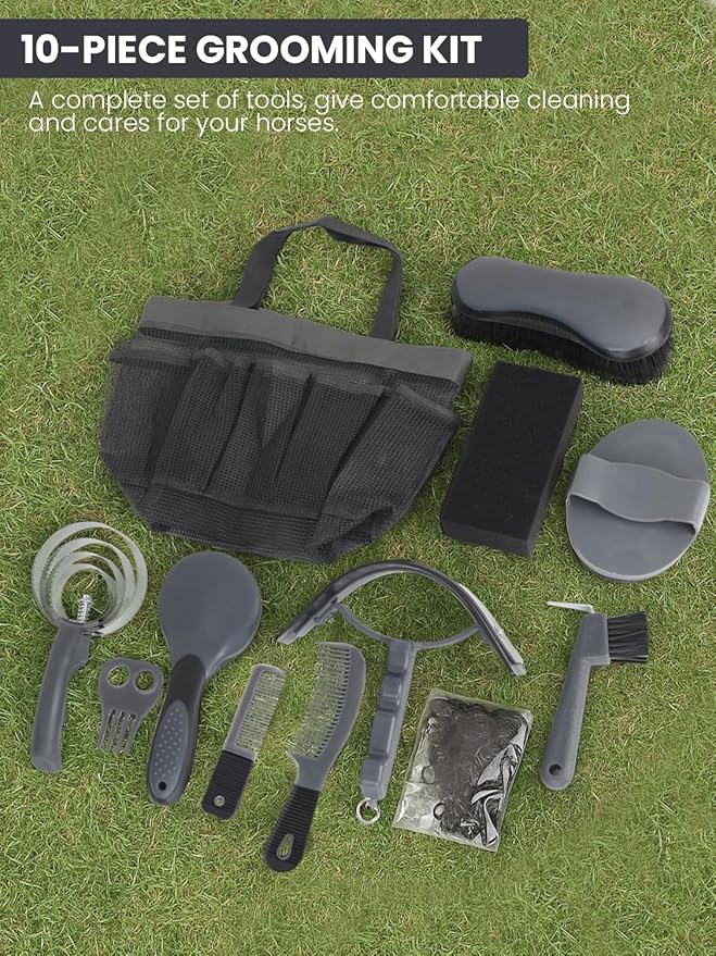 Horse Grooming Kit 12 Pcs – Complete Horse Brushes & Care Supplies Set with Organizer Tote Bag, Equine Coat Grooming Tools, Tack Room Equipment & Gifts for Horse Owners & Lovers