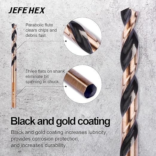 JEFE HEX 12 Pcs 7/32" (Pack of 3, 4 Pack, Total 12) HSS Jobber Twist Drill Bit Set 3 Flats Shank Black and Gold Drill Bits