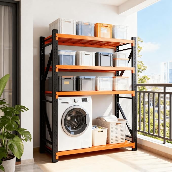 4-Tier Storage Shelves,79" H Heavy-Duty Garage Shelving Unit,Adjustable Metal Industrial Shelf System,4,000lbs Capacity,Tool Organizer for Garage,Workshop,60" W x 20" D x 79" H,Black&Orange