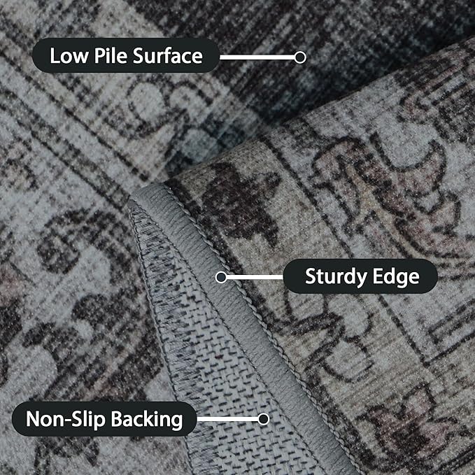 GENIMO Machine Washable 6x9 Area Rugs for Living Room, Non Slip Vintage Rugs, Low Pile Lightweight Chenille Print Rug for Bedroom, Dining Room, Home Office, Charcoal