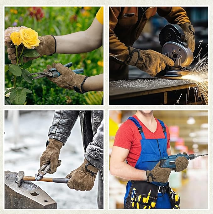 6 Pack XL Leather Work Gloves, Welding Cowhide Stretchable, Coffee Gardening Adjustable Wrist Gloves With Puncture and Cut Resistant for Men Women