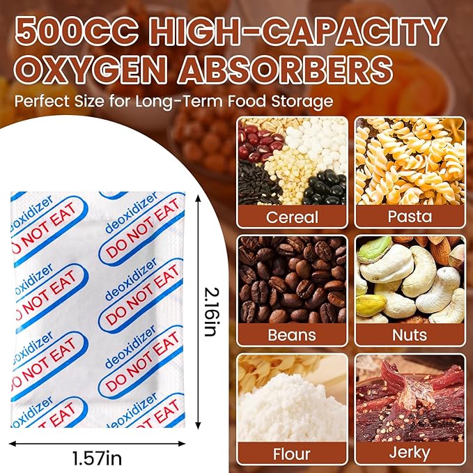 400 Count 500cc Oxygen Absorbers, 10 Individually Vacuum Sealed Packs with Oxygen Indicator, Mylar Bag Food Storage, Canning Jars, Freeze Dryer Storage, Dehydrated and Preserved Foods