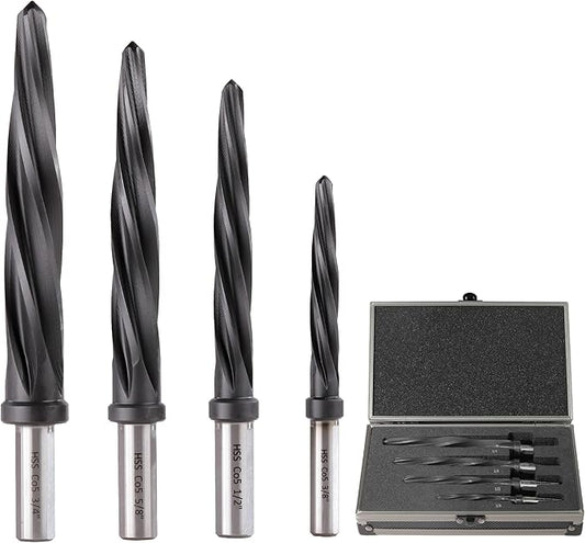 4pcs Bridge/Construction Reamer Set, 3/8", 1/2", 5/8", 3/4”, M35 HSS Taper Chucking Reamer Drill Bit for Steel Alloy Aluminum Metal Wood Plastic, 3/8" or 1/2" Shank, to Enlarge/Align Holes