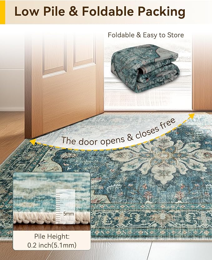 Area Rugs 6ft Washable Non-Slip, Floral Vintage Distress Print Pattern Medallion Carpet for Living Room Bedroom Dining Room, Dark Blue Vintage