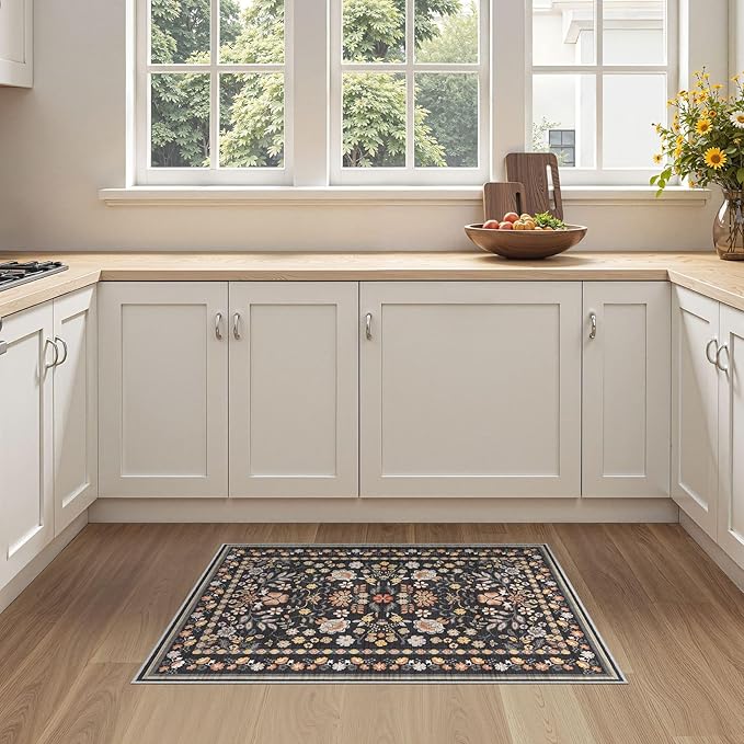 Door Mat Entrance Rug: 2x3 Washable Area Rug Boho Floral Small Rug - Non-Slip Low Pile Throw Indoor Carpet for Entryway Kitchen Front Door Bathroom Entry Kids Room - Black Grey