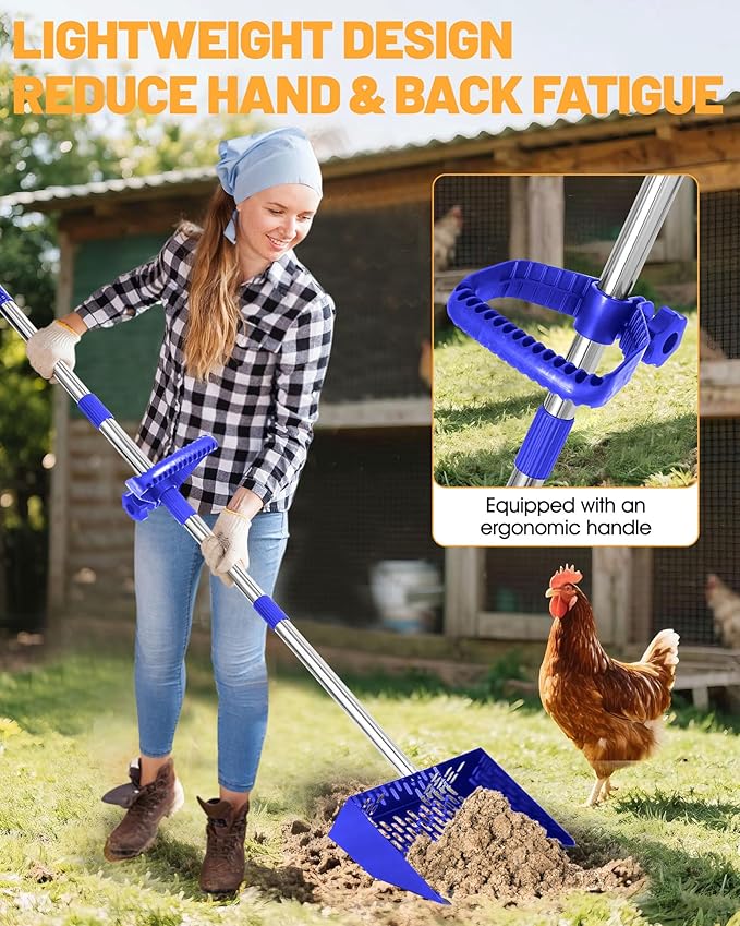 Chicken Poop Scooper and Rake – 2-in-1 Metal Litter Sifter for Chicken Coops, Sand, and Runs with 22–62" Adjustable Handle, Heavy-Duty Cleaning Tool for Chicken and Duck Pen