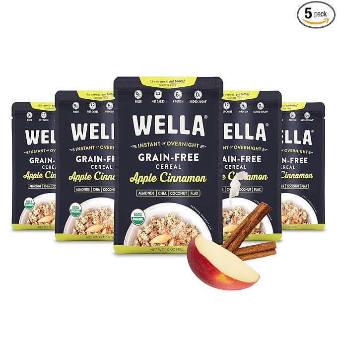 Wella Cereal Oatmeal Alternative, Gluten-Free Breakfast Hot Cereal, Grain-Free Paleo Organic Vegan High Protein Superfood, Plant-Based Non-GMO, Low in Net Carbs, Single-Serve Packets, Apple Cinnamon Flavor (5 Count, 1.6 oz. Packets)