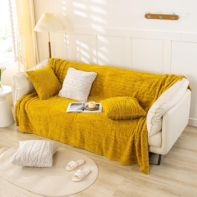 YUSOKI Sherpa Twin XL Blanket(Without Pillows)-3D Stylish Design Super Soft Blankets for Teen Girls Women Couch Bed Sofa Chair Men Boys Gift(Mustard Yellow,65"x90")