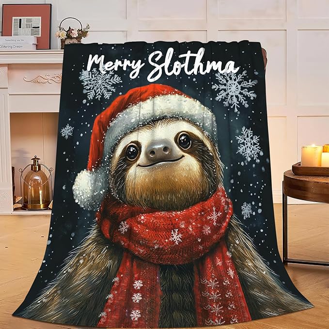 Christmas Sloth Blanket Soft Cozy Cute Sloth Plush Throw Blanket Warm Sloth Flannel Fleece Bedding Stuff Animal Decor Blanket Gifts for Sloth Lover Girls Boys Kids Adults Women Bed Travel 50"x60"