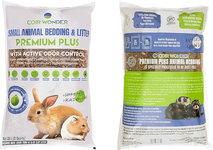 Small Animal Bedding – 20 L –– Coco Chip Fiber Bedding Substrate for Guinea Pig, Hamster, Rabbit, Bunny Litter, Tortoise, Turtle, Reptile, Snake Habitat - Activated Charcoal Odor Control