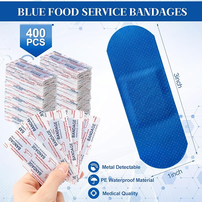 Geiserailie Blue Bandages 3 ''x 1'' Food Service Metal Detectable PE Waterproof Adhesive Bandages Bulk Sterile Processing Non Stick Pad Latex Free for First Aid & Wound Care Protection(400 Pcs)