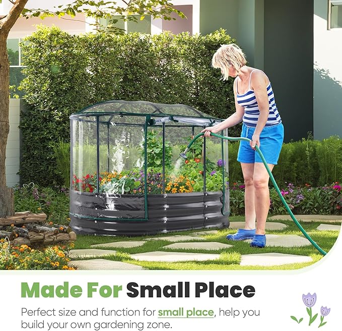 KING BIRD Raised Garden Bed with Cover Galvanized Oval Planter Garden Box Outdoor for Gardening, Vegetables, Flowers 47.2x35.4x11.8 in, Clear