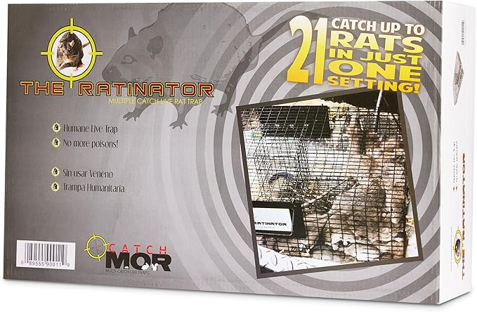 Rugged Ranch Ratinator Indoor or Outdoor Multi-Catch Rat Trap - Humane Live Cage Catcher, Rodent Control for Homes, Barns, Attics, Garages, Sheds, Gardens and Farms