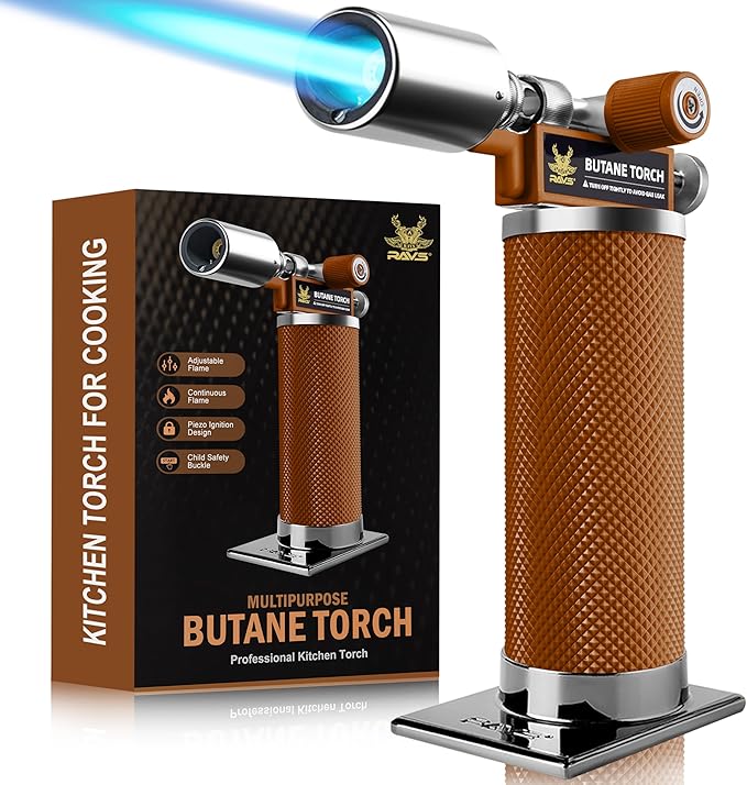 RAVS Butane Torch Lighter, Kitchen Torch with Adjustable Flame, Cooking Torch for Creme Brulee, BBQ, DIY, Christmas Gifts Stocking Stuffers Gifts for Women, Brown, Butane Gas Not Included