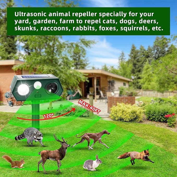 2025 Solar Ultrasonic Racoon Fortress Pro, Animal Repeller Deer Cat Repellent Devices Squirrel Rabbit Deterrent Outdoor with Motion Sensor&Flash Light to Scare Dog Skunk Out of Garden Yard(4Pack)