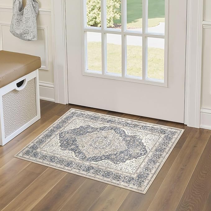 2x3 Washable Entryway Rug: Non-Slip Soft Indoor Throw Small Vintage Floral Area Rug for Kitchen Bedroom, Low Pile Durable Carpet for Front Door Porch Floor Doormat Home Decor (Blue/Beige)