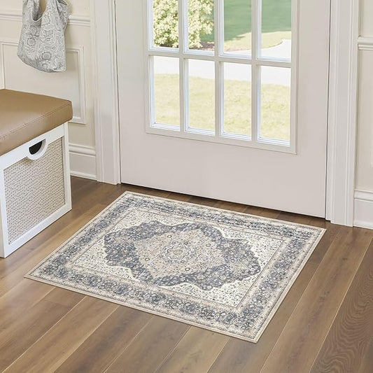 2x3 Washable Entryway Rug: Non-Slip Soft Indoor Throw Small Vintage Floral Area Rug for Kitchen Bedroom, Low Pile Durable Carpet for Front Door Porch Floor Doormat Home Decor (Blue/Beige)