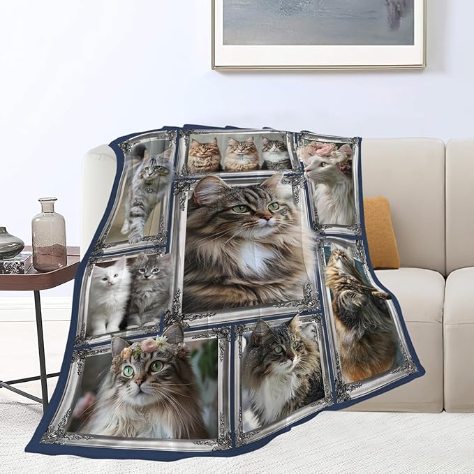 Maine Coon Cat Blanket Cute Kitten Throw Blankets Gifts for Girls Boys Kids Cat Lover Soft Cozy Fleece Plush for Couch Sofa Bed 80"x60"