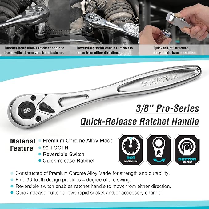 DURATECH 3/8 Inch Drive Ratchet Handle, Ratchet Socket Wrench, 90 Tooth, 8-3/8 Inch Length, Heavy Duty, Professional Ratchets, Quick-release Reversible, Premium Chrome Alloy Made, Polish Chrome Finish