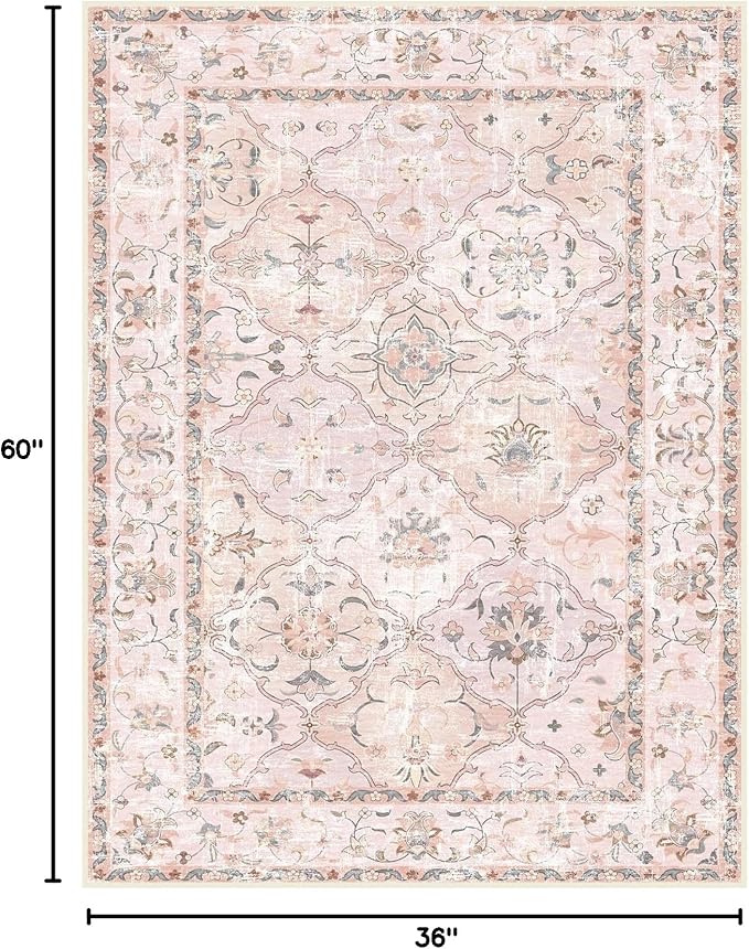 Boho Vintage Area Rugs 3×5 Washable Non-Slip Traditional Pink Area Rug for Nursery Living Room Bedroom Dining Room Girls' Room