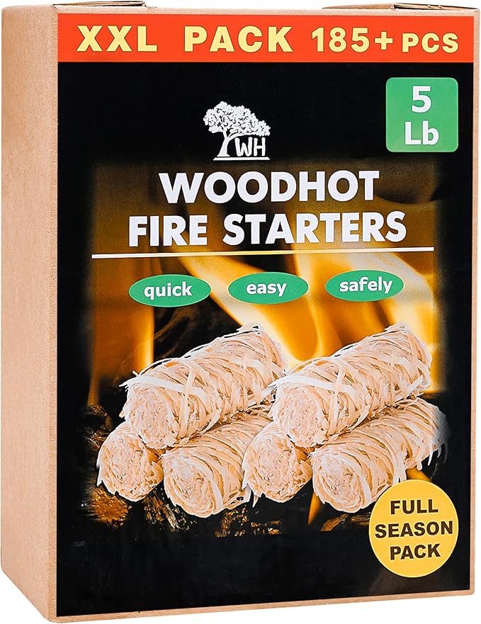 WH 185 pcs Natural Fire Starters for Indoor Fireplace - 5lb Large Box - Long-Burning Charcoal Starters - Odorless Firestarters for Wood Stove, Chimney, Campfires & Grill - Quick Ignite