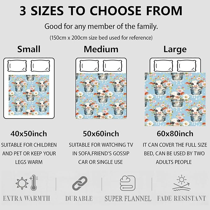 Farmhouse Cow and Daisy Throw Blanket Gifts for Women, Soft Fuzzy Warm Cozy Flannel Blankets for Bedroom, Travel, Couch, Home Decor 50x60 in