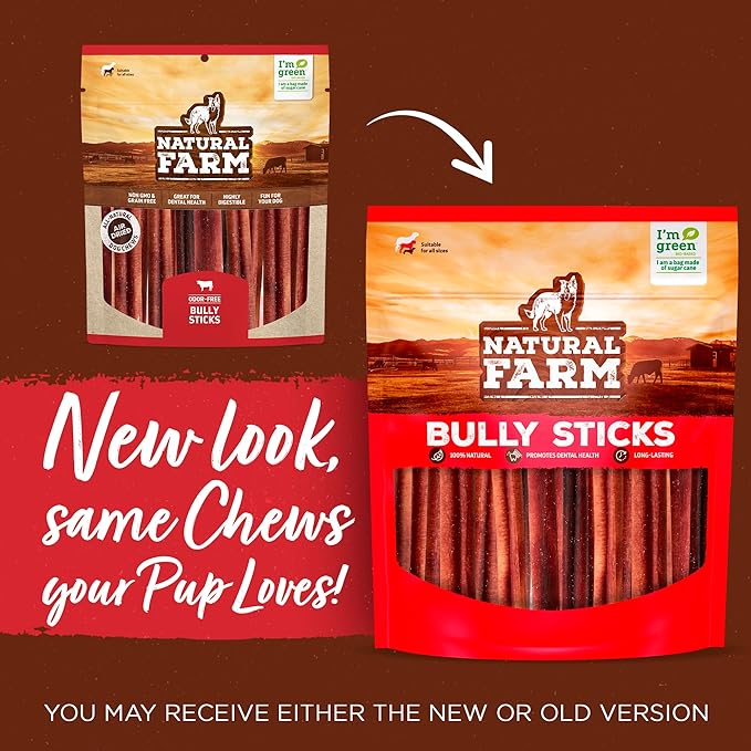 Natural Farm Odor Free Bully Sticks (4 Inch, 10 Pack) for Small & Medium Dogs - 100% Beef Chews for Pups, Non-GMO, Grain-Free, Fully Digestible Long Lasting Dog Treats
