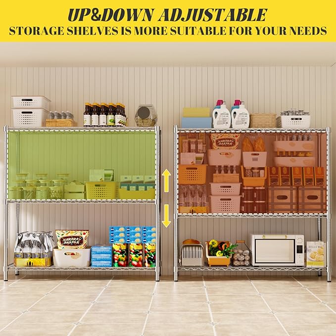 Storage Shelves, 4 PCS 48" L x 20" W x 47" H Heavy Duty Garage Wire Shelving Unit Loads 1200LBS, 3-Tier Adjustable Metal Industrial Utility Shelf Rack for Kitchen, Laundry Room, Basement