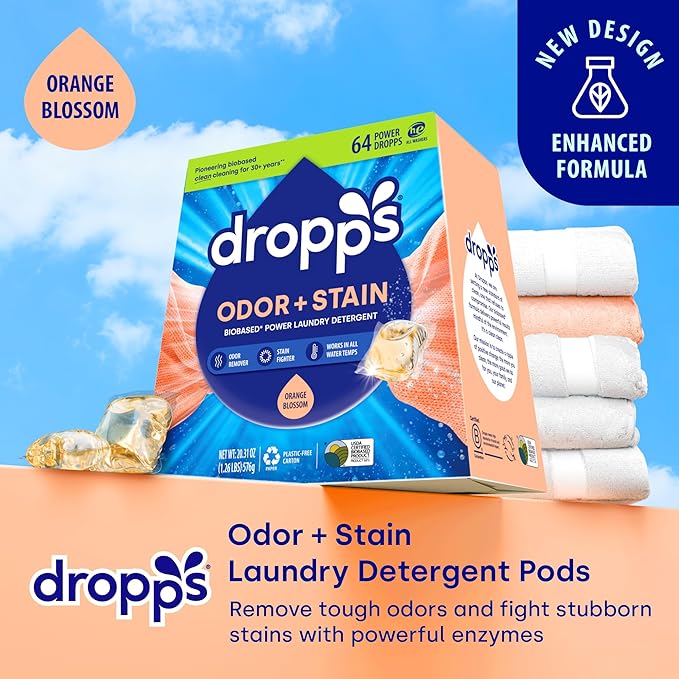 Dropps Odor & Stain Biobased Power Laundry Detergent Pods, Orange Blossom HE Compatible Laundry Pods for Fresh Clothes – Laundry Soap Supplies & Recyclable Paperboard Packaging
