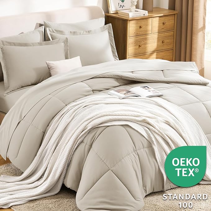 CozyLux King Size Comforter Set Beige - 7 Pieces Bed in a Bag King, Okeo-Tex Certifited Bedding Set, All Season Soft Bed Set with Down Alternative Comforter, Sheets, Pillowcases & Pillow Shams