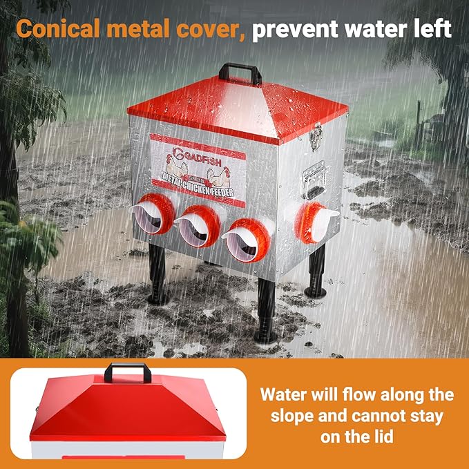 GADFISH 55LBS Large Capacity Automatic Chicken Feeder - 8 Feeding Ports, Anti-Waste Design, Height-Adjustable Legs & Secure Locking Lid for Chickens, Ducks & Poultry