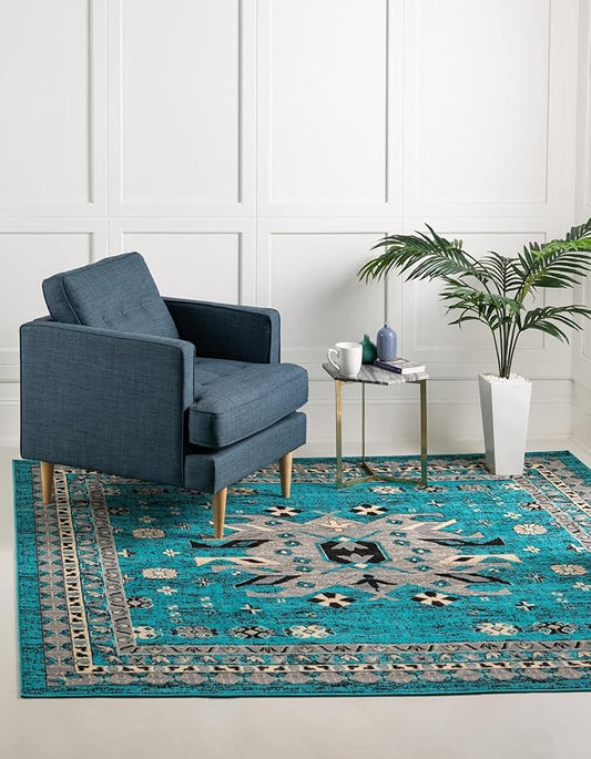 Unique Loom Taftan Collection Border Geometric Tribal Inspired Design Area Rug (8' 0 x 8' 0 Square, Turquoise/ Gray)