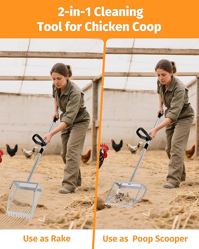 Chicken Poop Scooper and Rake – 2-in-1 Metal Litter Sifter for Chicken Coops, Sand, and Runs with 22–62" Adjustable Handle, Heavy-Duty Cleaning Tool for Chicken and Duck