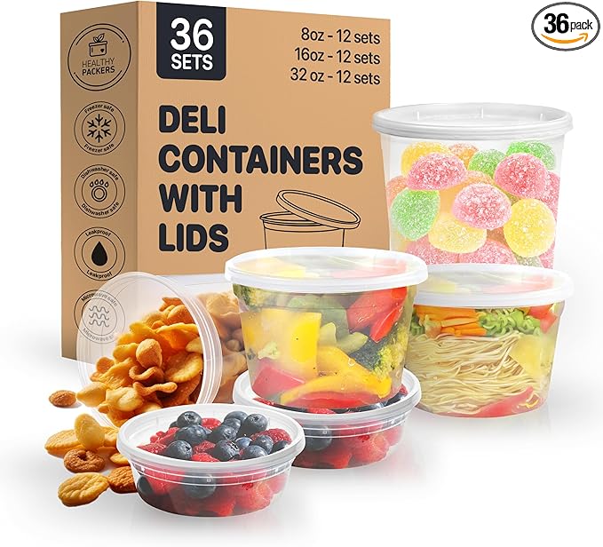 Healthy Packers Food Storage Containers with Airtight Lids - Clear Plastic Food Storage Jars - BPA Free| Leakproof - Microwaveable - Reusable - Dishwasher & Freezer Safe (8oz, 16oz, 32oz) 36 Pack