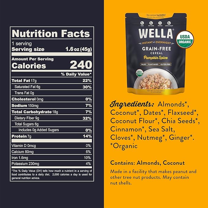 Wella Cereal Oatmeal Alternative, Gluten-Free Breakfast Hot Cereal, Grain-Free Paleo Organic Vegan High Protein Superfood, Plant-Based Non-GMO, Low in Net Carbs, Multi-Serve Bag, Pumpkin Spice Flavor (1 Count, 12.8 oz. Bag)