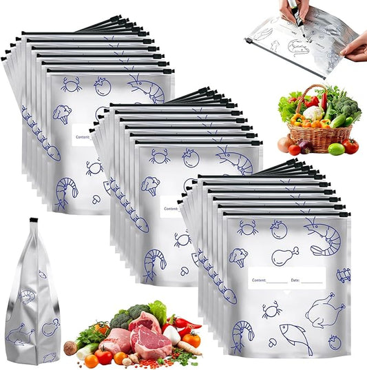 30Pcs Reusable Aluminum Foil Sealable Storage Bags, 2026 New Resealable Vacuum Zipper Pouches for Food, Stand Up Foil Sealable Bags with Label and Zip Lock for Vegetable (Large)