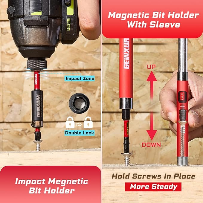 100Pieces 1”/2” Impact Screwdriver Bits Set, Magnetic S2 Steel (Phillips/Slotted/Square/Torx/Hex/Security Torx) Driver Bits Tips,Impact Bit Holder and Nut Driver with Red Storage Box Case