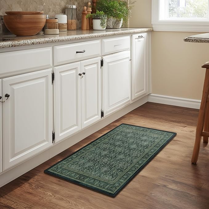 Dark Green 2x3 Small Rugs for Entryway, Washable Non Slip Door Mat Indoor Entrance, Vintage Boho Floral Moroccan Printed Entry Rugs for Inside House Kitchen Bathroom, Low Pile Ultra Thin Soft