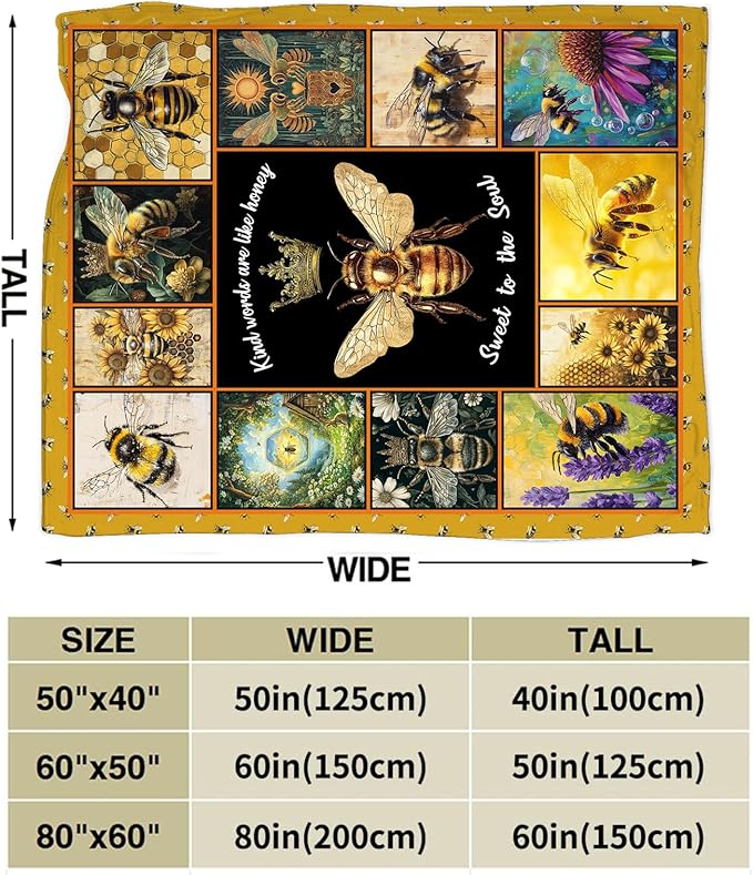 Bee Blanket Ultra Soft Cozy Bee Queen Throw Blanket Fleece Fuzzy Plush Bee Honey Blanket Decor Gifts for Women Girls Adults Couch Sofa 60"x50"