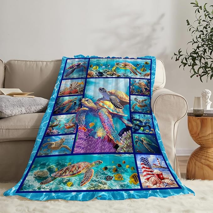 Sea Turtle Blanket Ultra Soft Cozy Sea Turtle Throw Blanket Fleece Fuzzy Plush Bedding Marine Life Lovers Gifts for Women Girls Kids Adults Couch Sofa 50"x40"