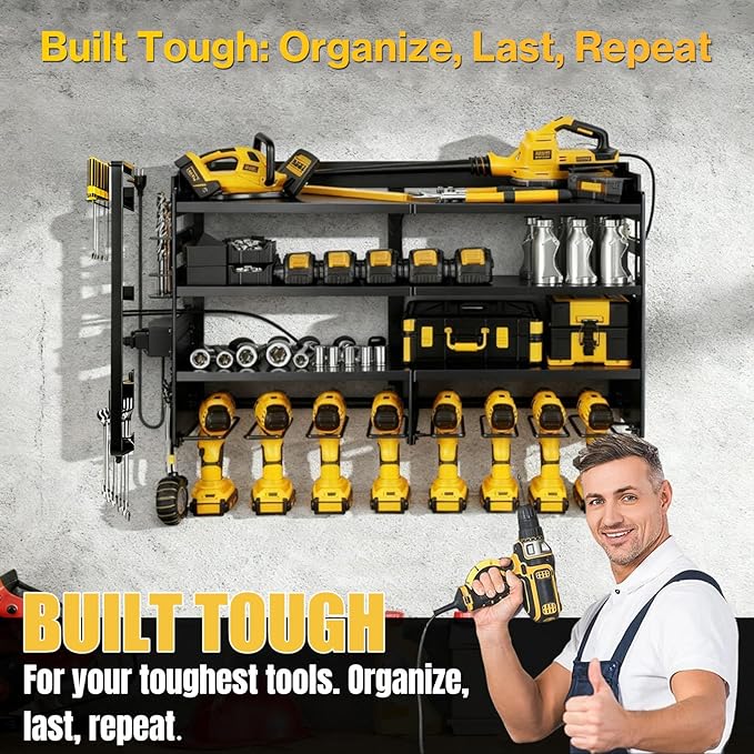 Heavy Duty Power Tool Organizer Wall Mount with Charging Station, 4 Layer Tool Storage Rack with 8 Drill Holder & Power Strip for Garage Workshop