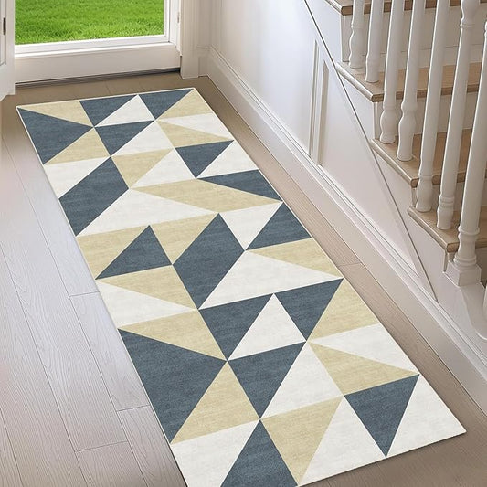 Blue and Gold Washable Geometric Runner for Hallway Bedroom 2x6 Modern Abstract Non Slip Rug Low Pile Indoor Floor