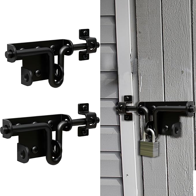 Heavy Duty Slide Bolt Gate Latch for Wooden Fence, 2 Way Barn Door Latch with Padlock Hole, Offset and Flush Mounted Gate Latch for Outdoor Gates/Yard Fence/Shed Door, Black, 2 Pack