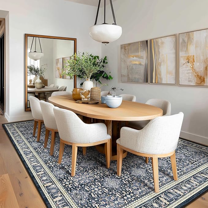 Washable 5x8 Area Rugs, Floral Moroccan Trellis Classic Boho Carpet for Living Room Bedroom, Low Pile Thin Rug with Rubber Backing Non Slip Machine Washable for Dining Room Office, Dark Blue