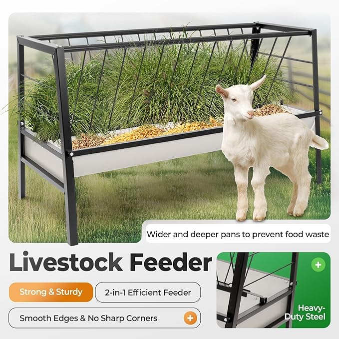 Pasture Hay Feeder 2 in 1 55 Gallon Livestock Feed Trough with 22 Gallon Feed Pan Hay Grain Livestock Feeder for Sheep, Calf, Cow and Horse